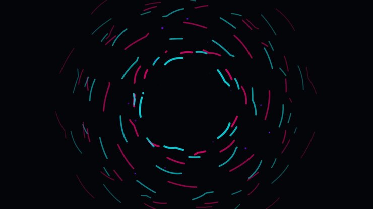 Movimento circular abstrato de linhas tracejadas em neon rosa e azul