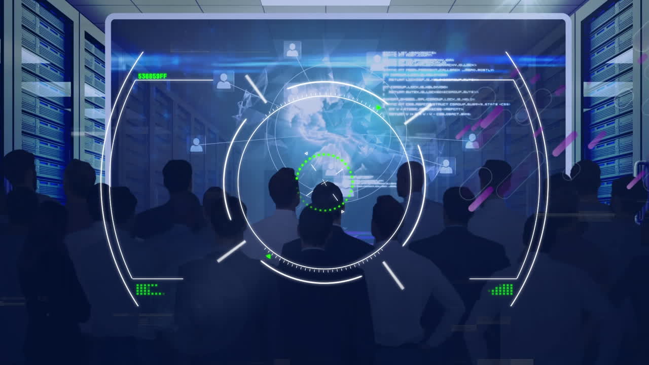 금융 데이터 처리 및 비즈니스 사람들에 대한 범위 스캐닝의 애니메이션