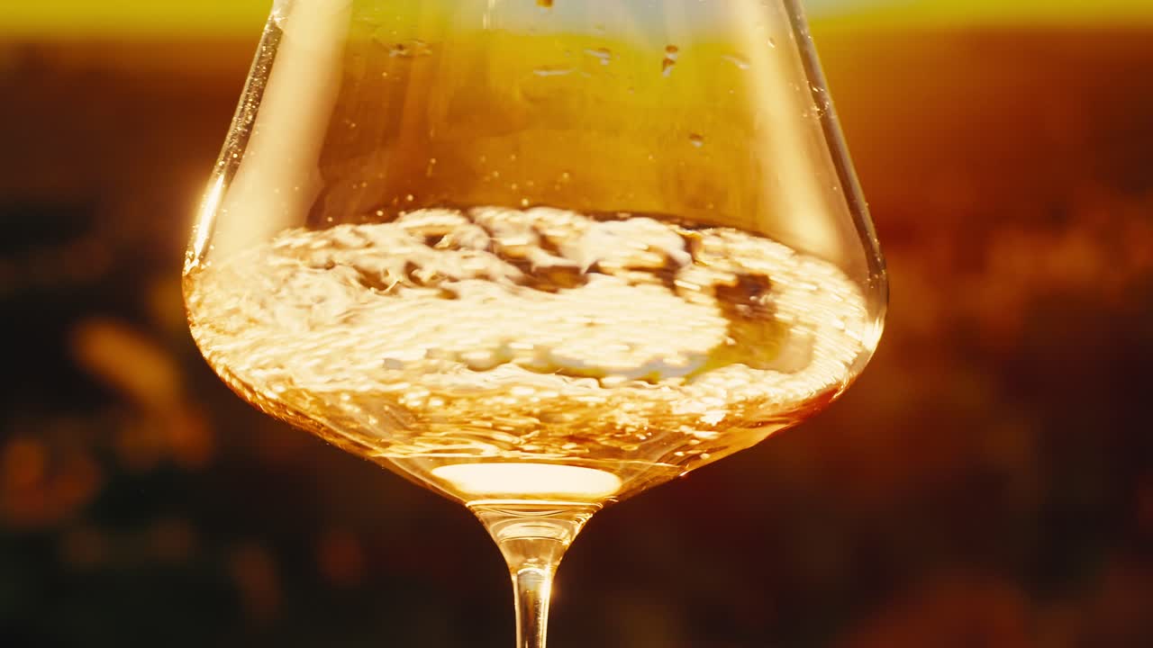 Orange or white wine bottle and glass against a sunset in a peaceful vineyard, pouring of ecological natural wine.