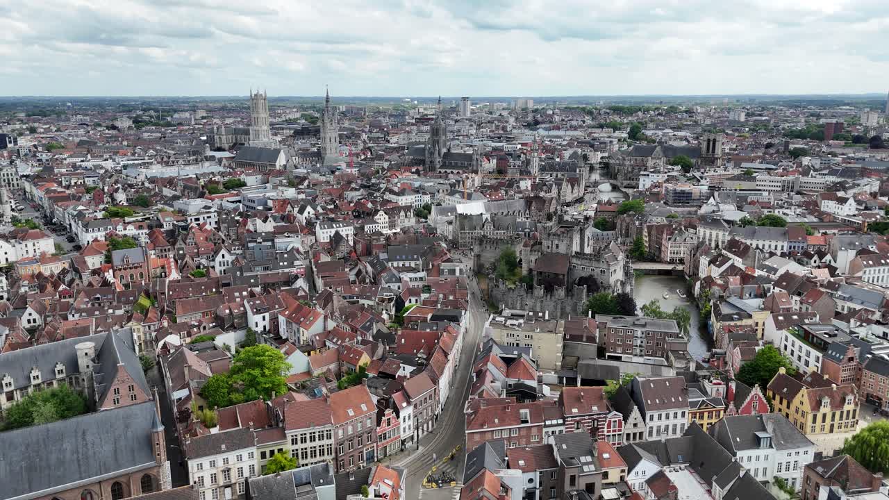 Ghent historical centre Belgium Panning drone aerial high angle