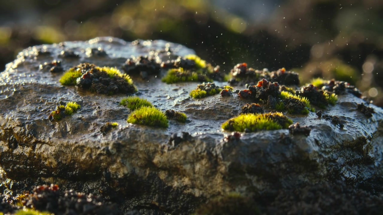 Carrellata che rivela una roccia muschiosa sul suolo della foresta, luccicante di pozzanghere e particelle di luce, che mostra la sua texture.