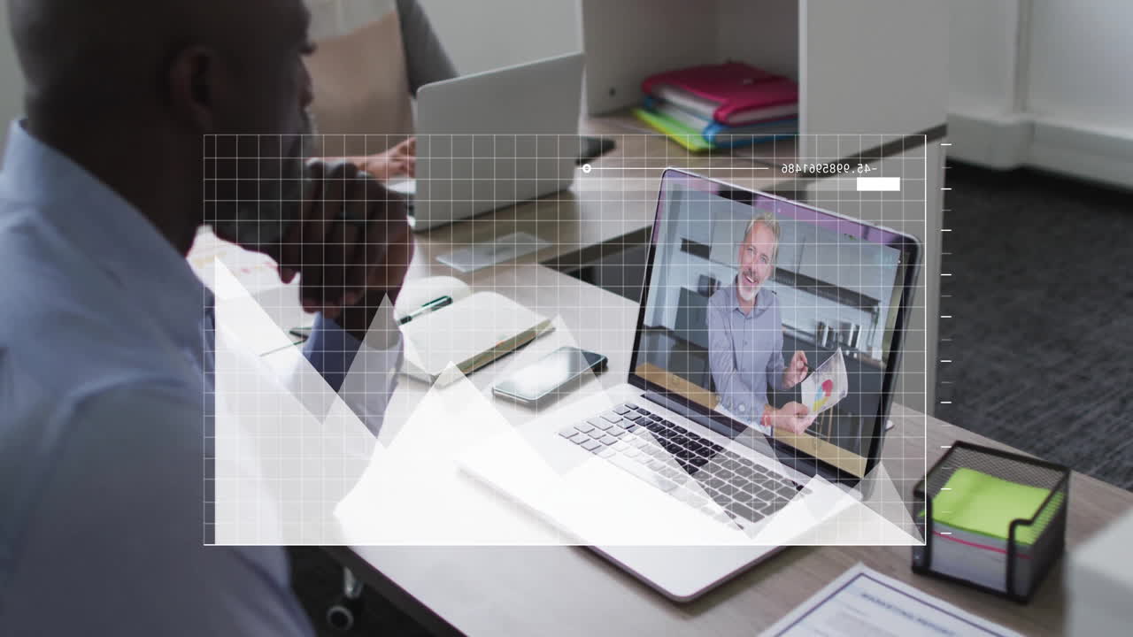 Animation of financial data processing over diverse business people on laptop video call