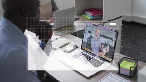 animation of financial data processing over diverse business people on laptop video call