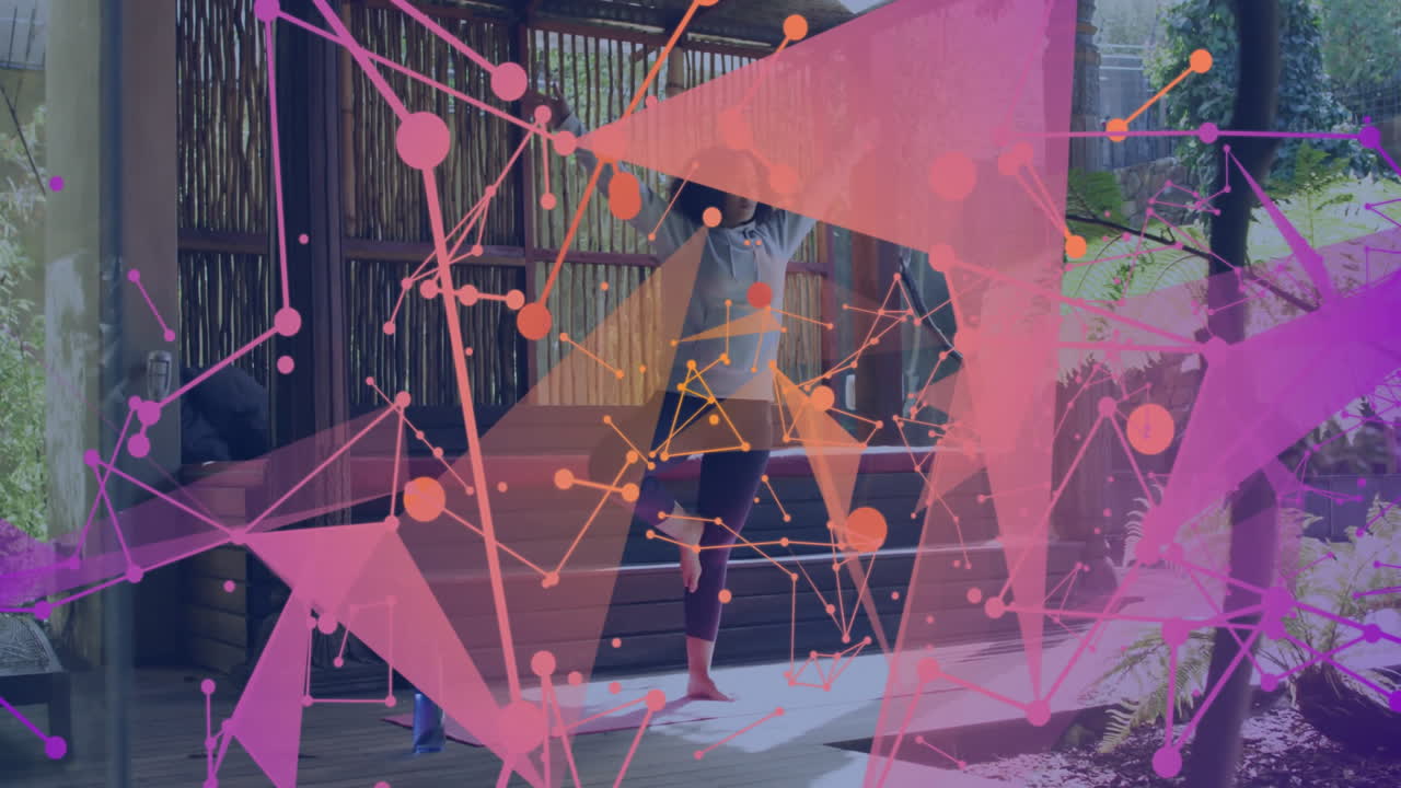Practicing yoga outdoors, person with abstract geometric animation overlay