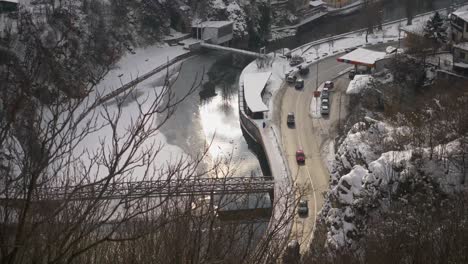 Aerial-clip-of-cars-travelling-along-a-road-in-Sarajevo