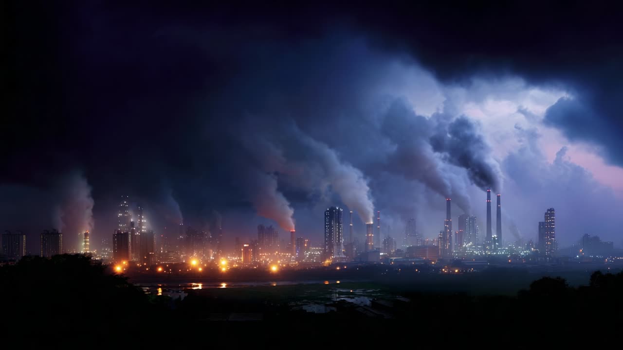 Industrial City at Night with Pollution