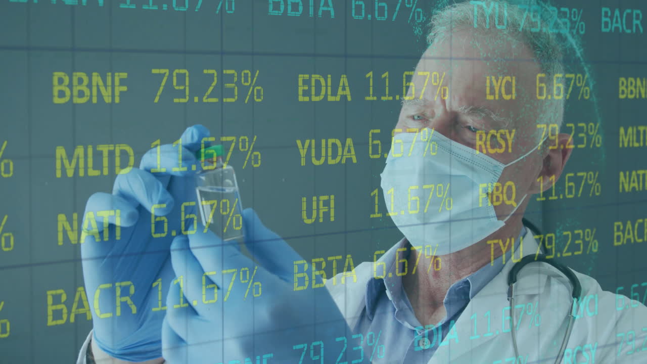 Senior male doctor holding clear liquid vial wearing mask in lab, showing percentage data overlay