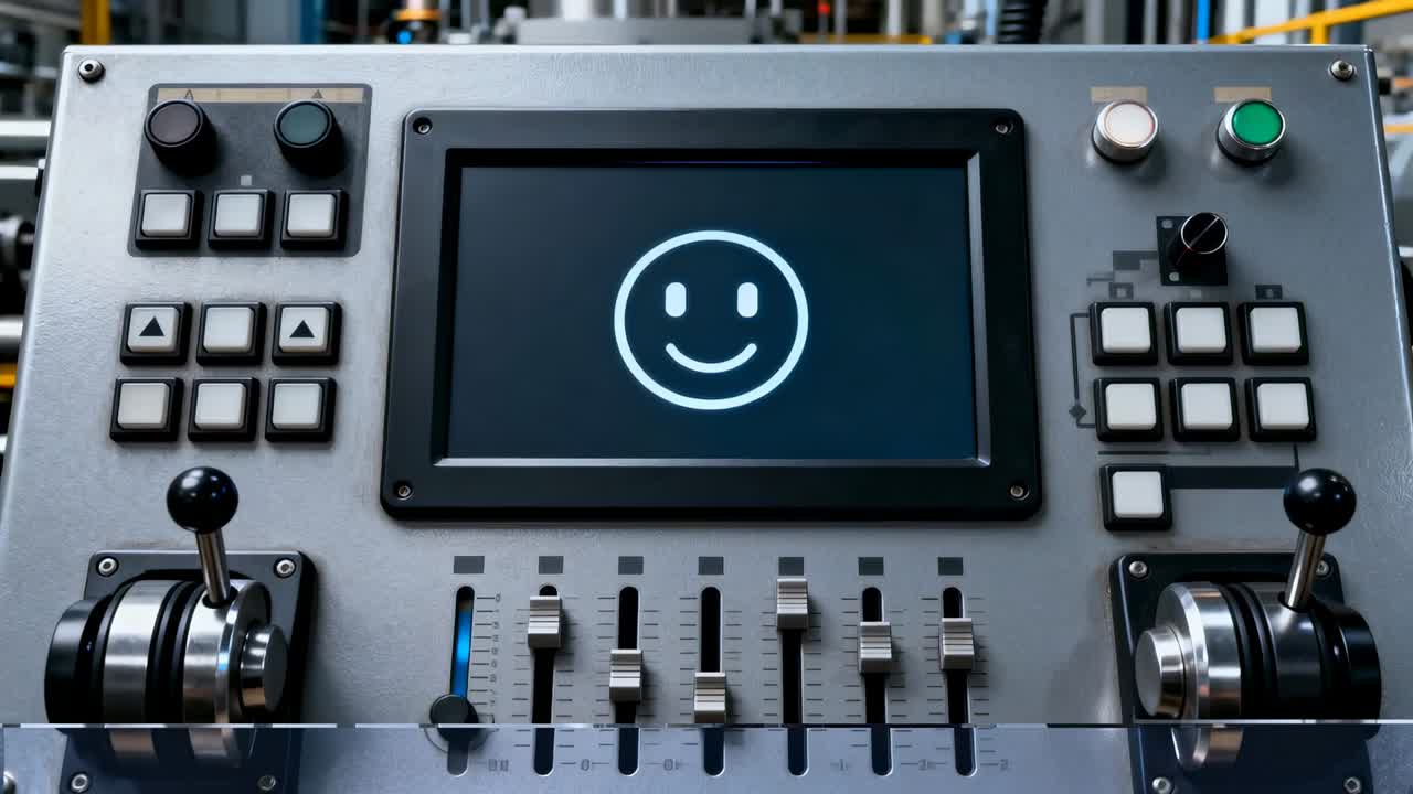 Receiving remote command, console shifting faders, throttles and blue meter at factory with smiley