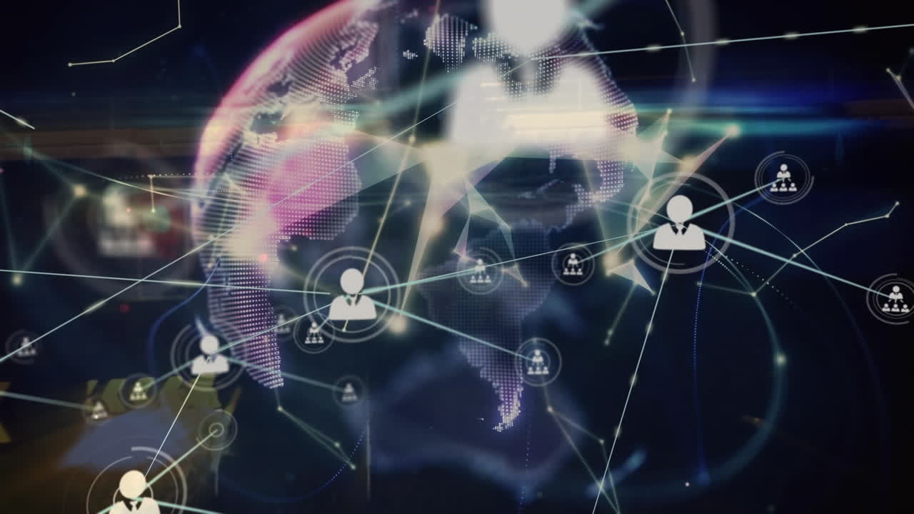 Animation of network of connections with people icons over fast traffic and globe