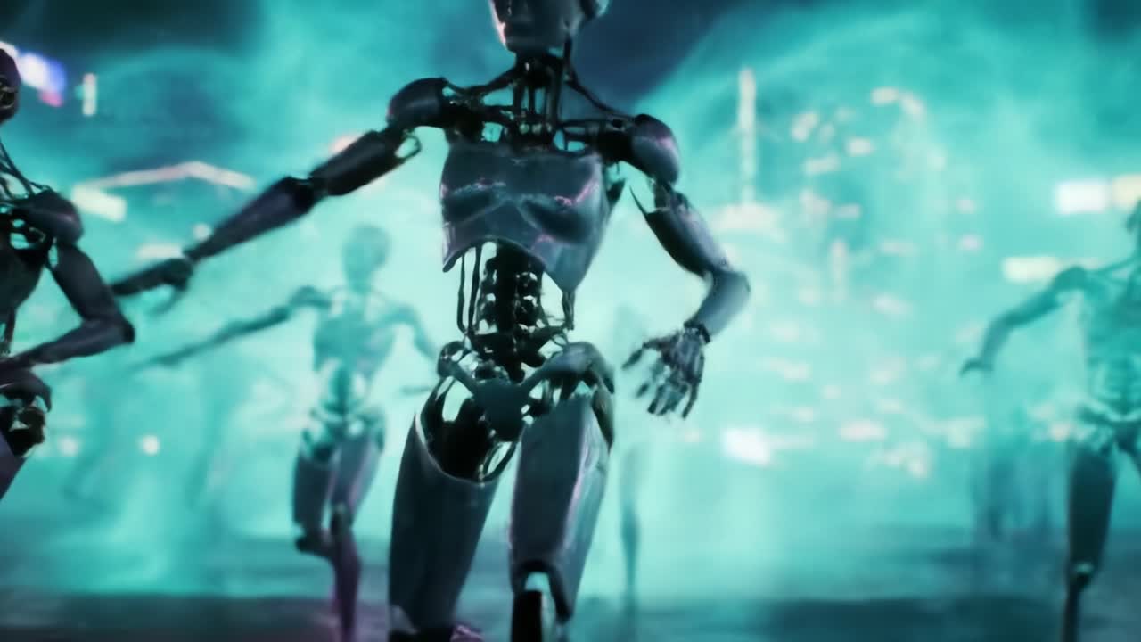 Futuristic Dancers in a Neon Dream: A Spectacle of Robots Moving Gracefully Against a Visually Stunning Digital Landscape of Light and Color