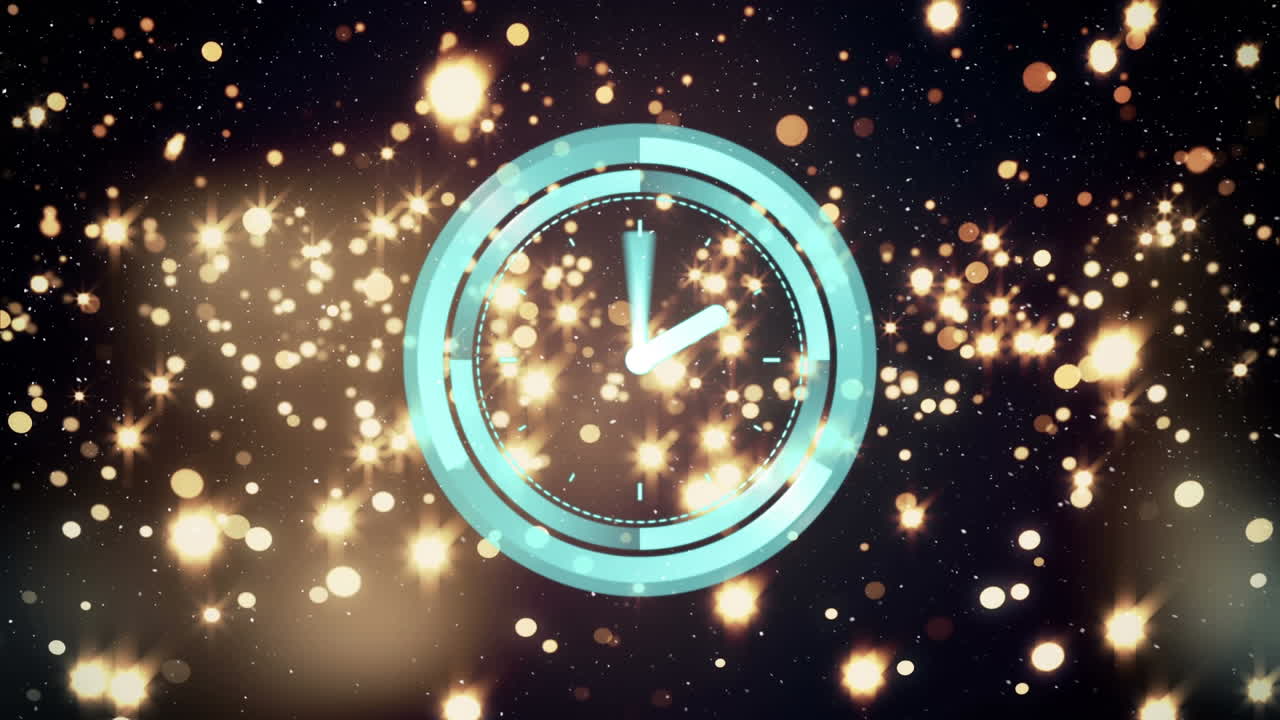 黒い背景に金色の光の斑点を打つネオンデジタル時計の上に降る雪