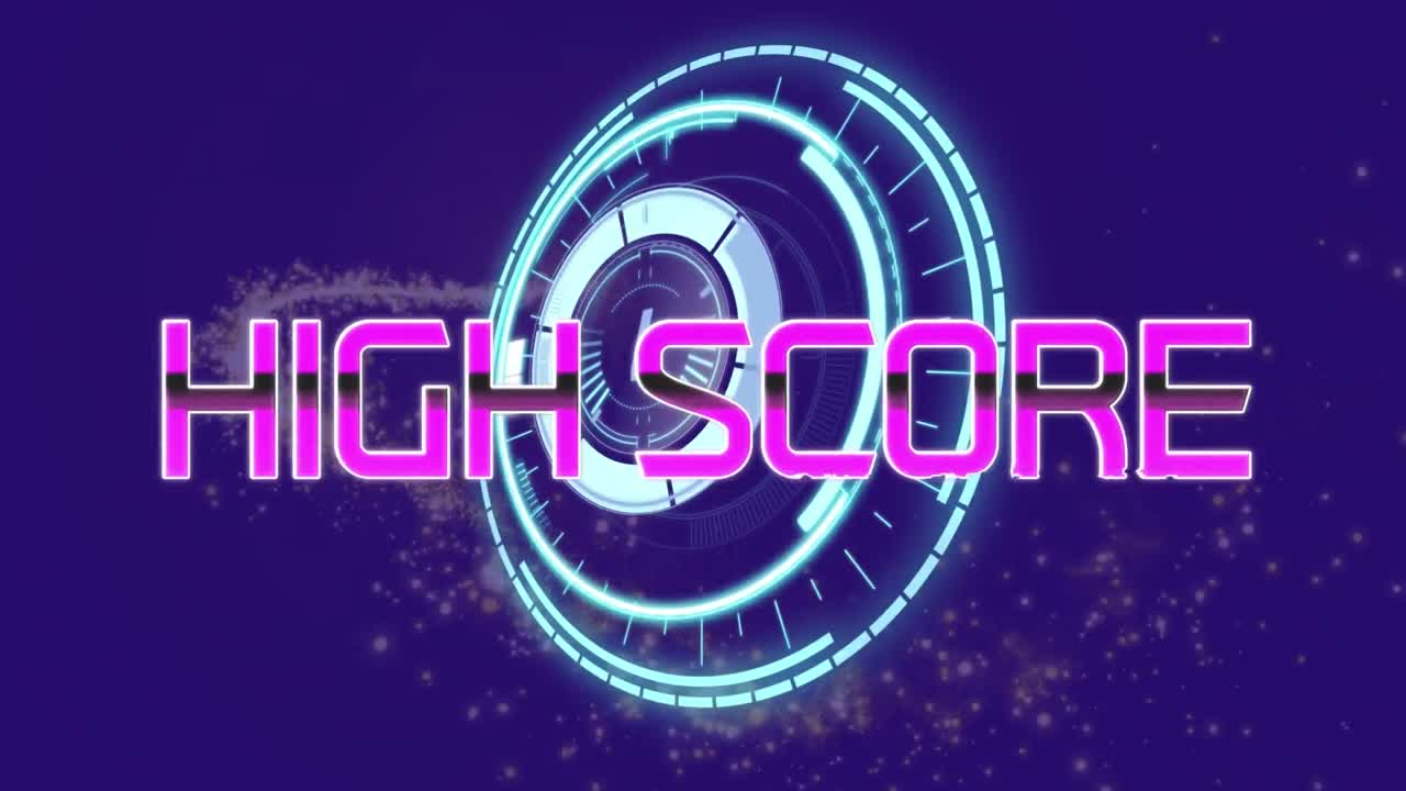 Animation of high score text banner over round scanner and shooting star on blue background