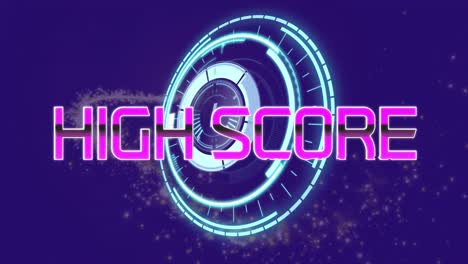 Animation-of-high-score-text-banner-over-round-scanner-and-shooting-star-on-blue-background