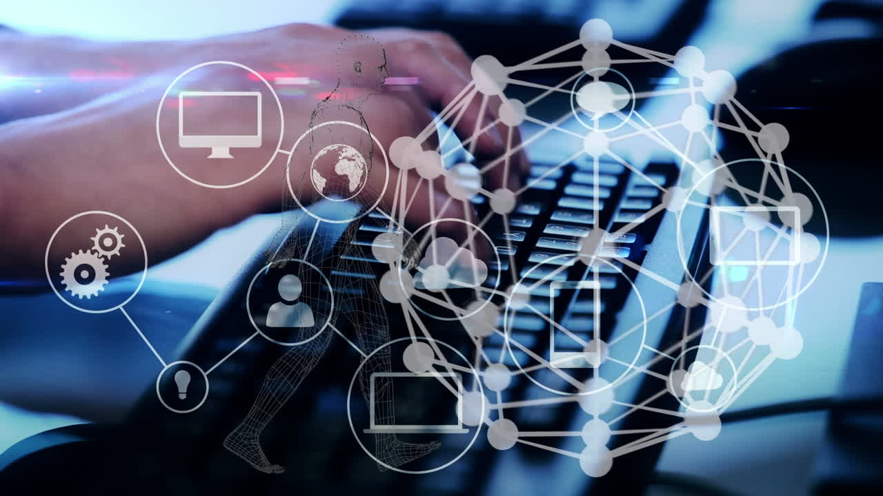 animación del globo y red de conexiones con iconos sobre mujer caucásica usando teclado