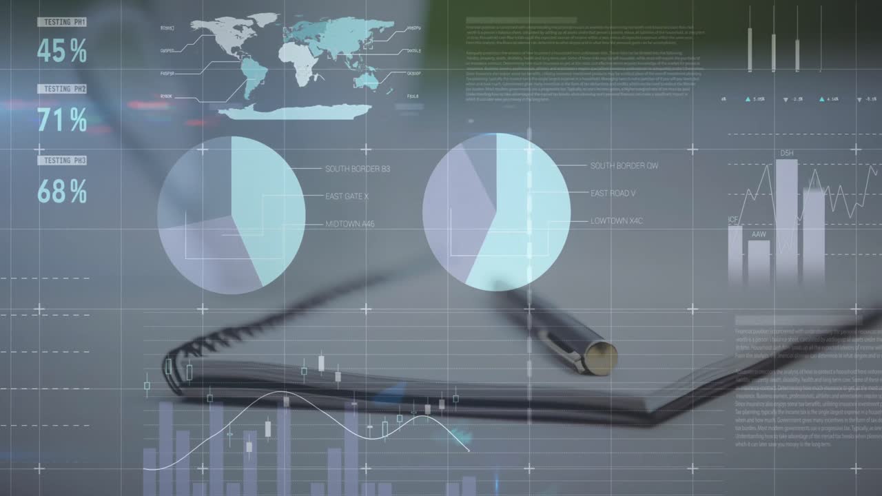 animación del procesamiento de datos estadísticos frente a una vista de cerca de un bolígrafo y un diario en la mesa de la oficina