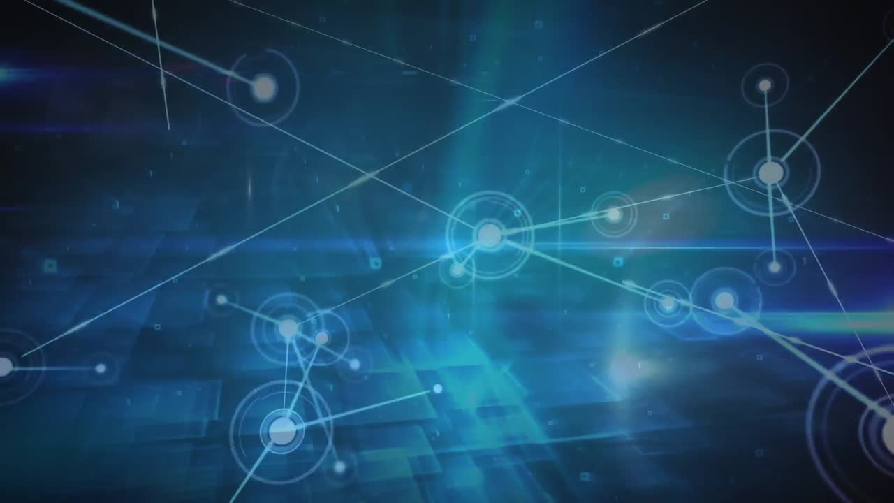 animación de la red de conexiones sobre un patrón de forma cuadrada y rastros de luz sobre fondo azul