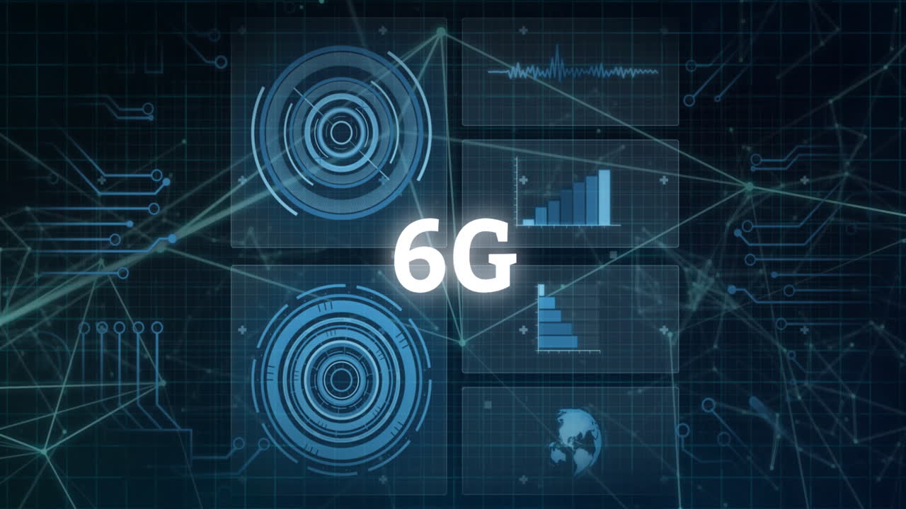 Animation of 6G technology with digital network connections and data charts