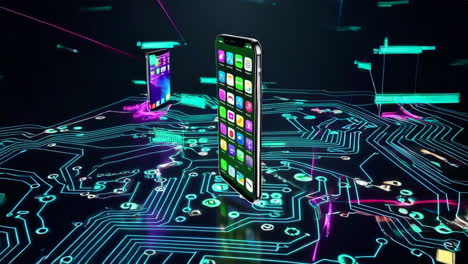 a smartphone displaying app icons on a glowing digital circuit board background, representing technology and connectivity