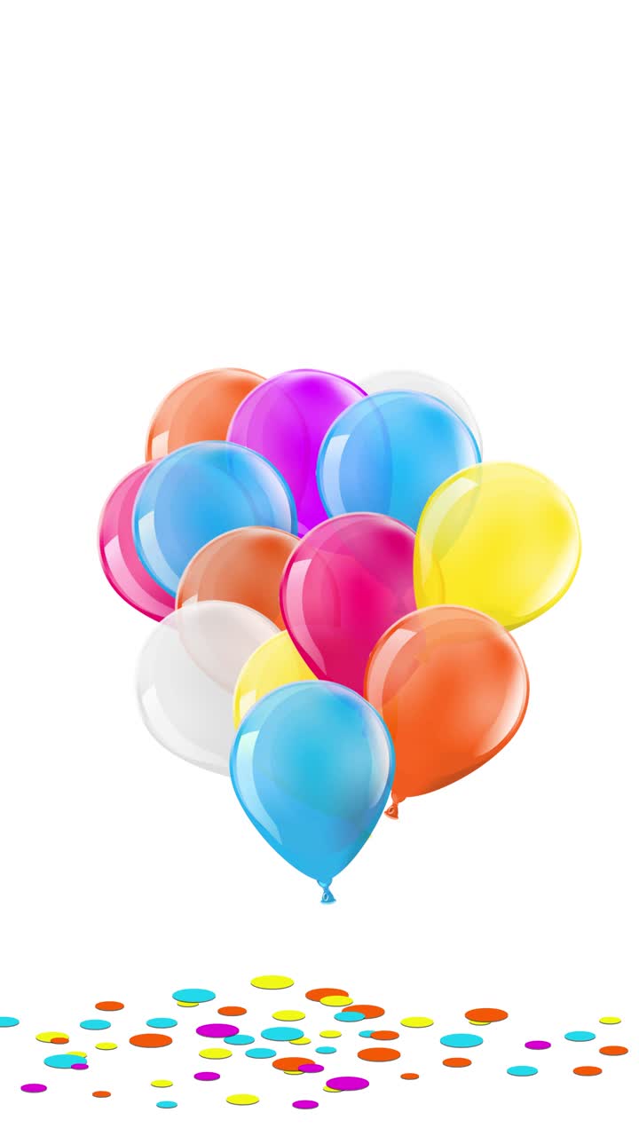 A seamlessly looping 3D animation CGI render of vibrant party balloons rising with confetti scattering beneath. Ideal video footage for celebrations, birthdays, promotions, and backgrounds