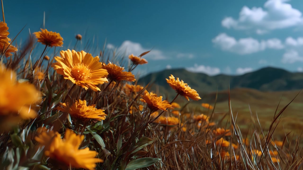 Vivaci fiori arancioni in un paesaggio naturale panoramico sotto un cielo blu con nuvole soffici, che catturano l'essenza della bellezza e della serenità della natura.