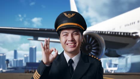 close up of asian man pilot smiling and showing okay gesture to camera while standing in airfield with airplane on background