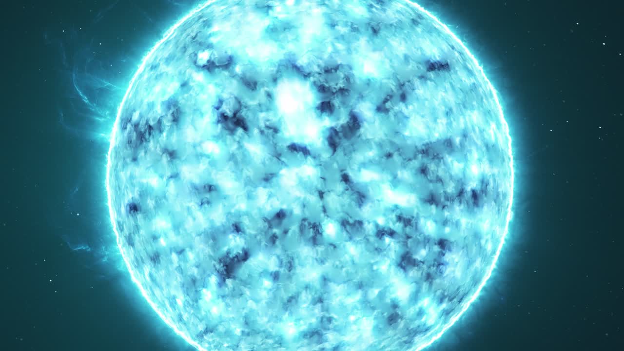 primer plano y alejamiento de una animación 3d de una estrella azul de alta temperatura orbitando en el espacio exterior, órbita de la cámara
