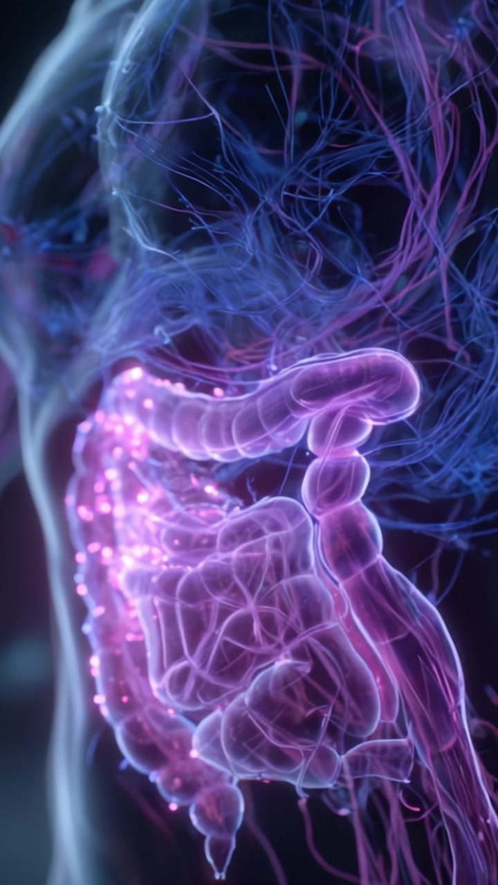 Exploration of Human Anatomy: A Glowing Representation of the Digestive System with Intricate Neural Connections Depicted in Vibrant Colors and Detail