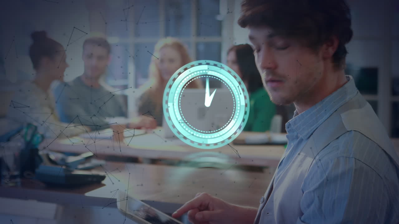 animación de reloj y moléculas sobre la gente studding