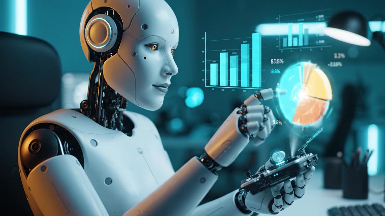 A humanoid robot interacting with digital graphs and charts, illustrating the integration of technology and data analysis in a modern workspace environment.