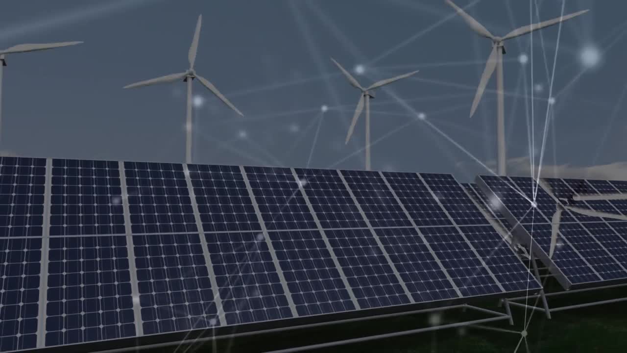 Animation of network of connections over solar panels and wind turbines