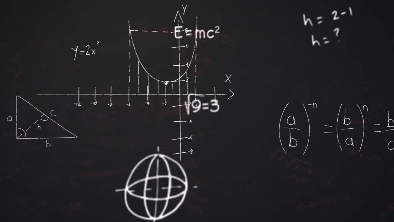animación de ecuaciones matemáticas y diagramas flotando contra un fondo de pizarra negra.