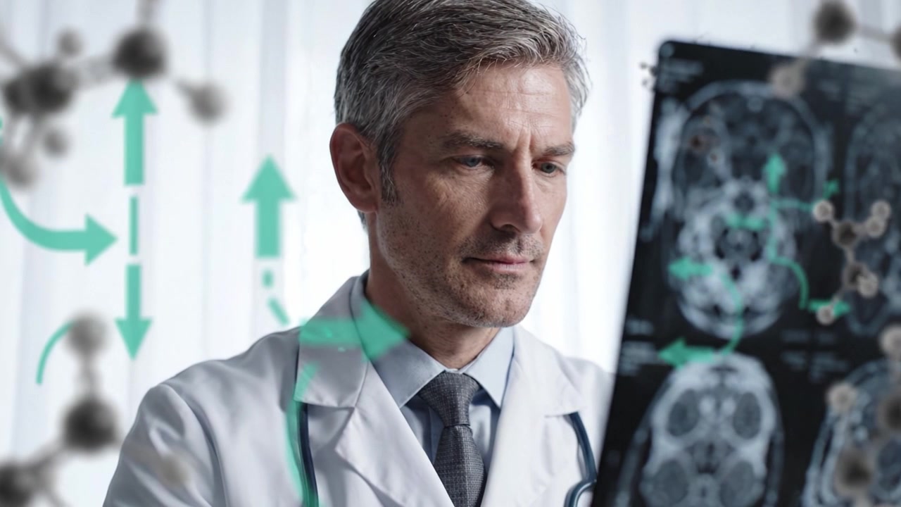 Professionista medico che analizza immagini di scansioni cerebrali con sovrapposizioni di dati avanzate per una migliore comprensione diagnostica e progressi nella cura del paziente nella gestione della neurosalute.