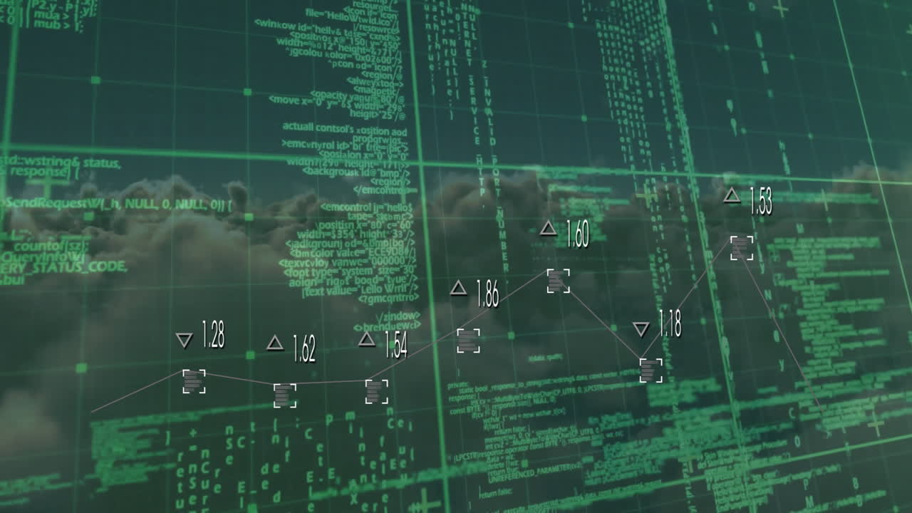 Animation of data processing and network of connections over sky with clouds