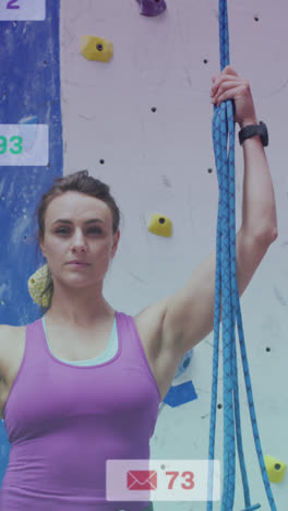 animation of media icons over caucasian woman on climbing wall