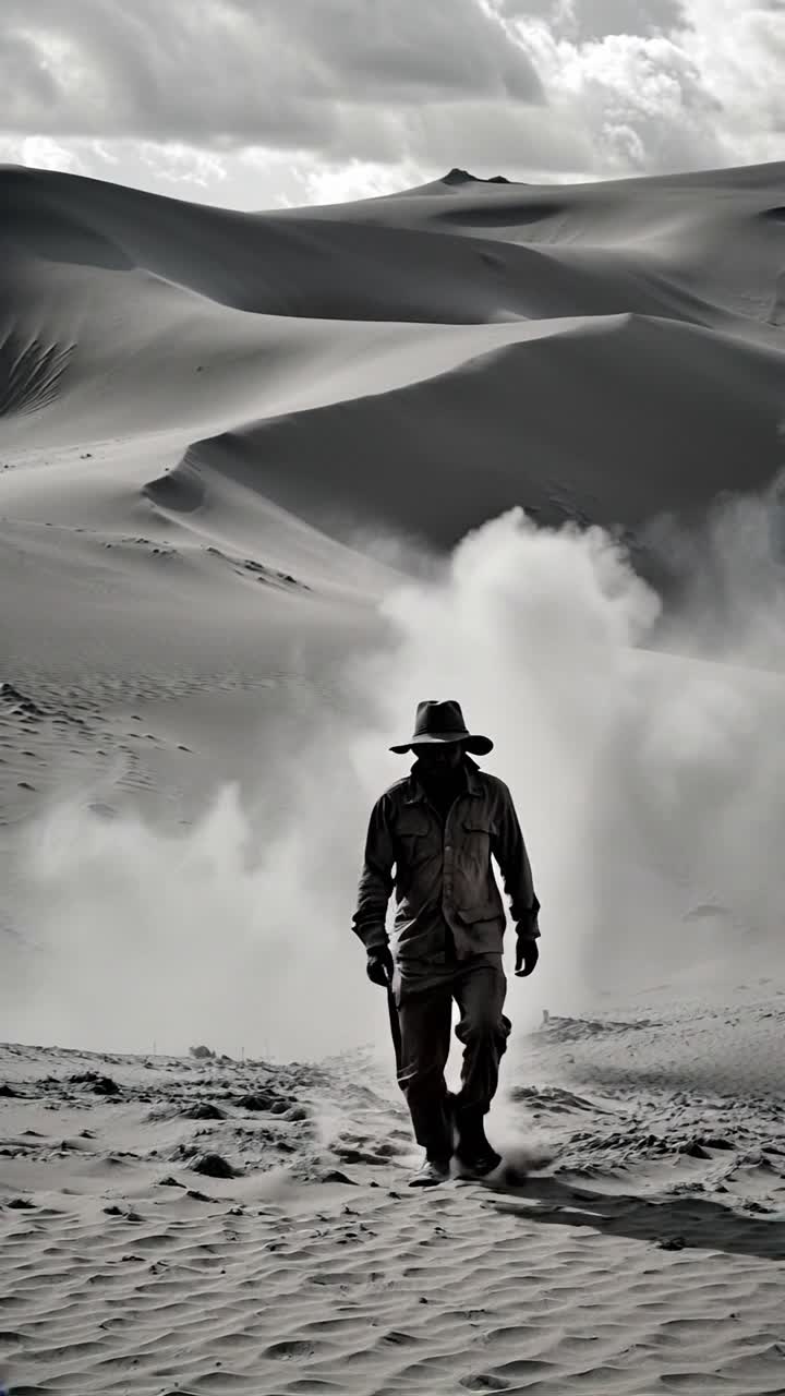 Man Walking Through Sand Dunes in Black and White