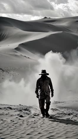 man walking through sand dunes in black and white