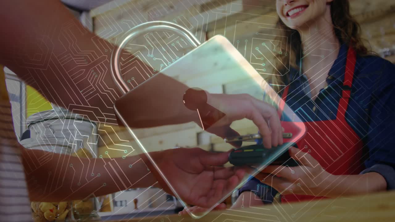 animación del candado de seguridad de la red sobre las personas que utilizan el terminal de pago