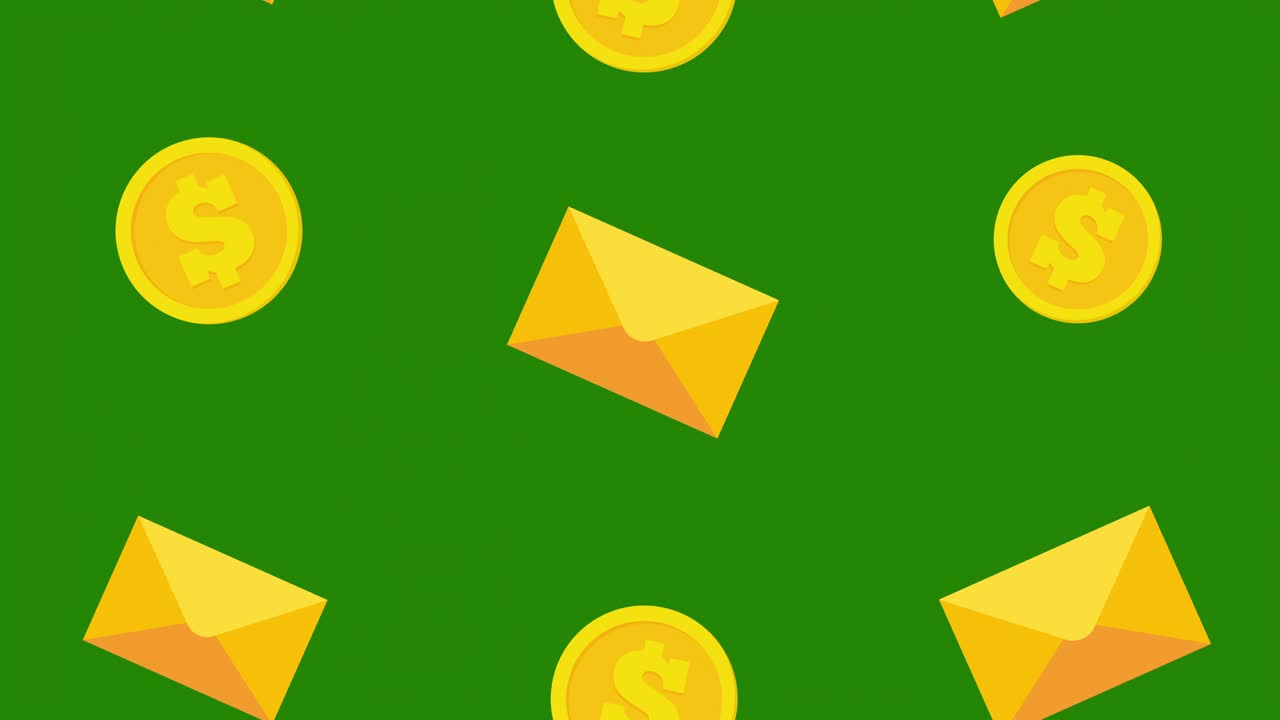 animación de rotación de fondo del sobre y la moneda de un dólar.