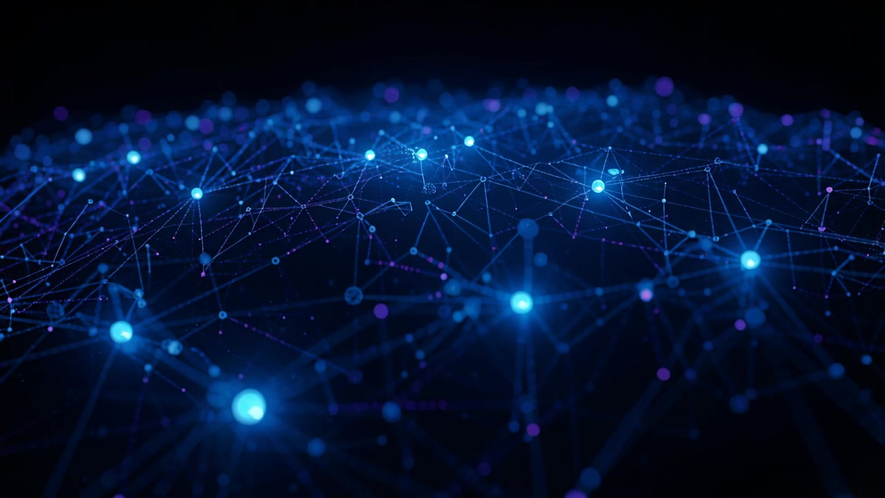 Advancing camera revealing pulsing blue nodes and luminous lines in void, enhancing depth and focus