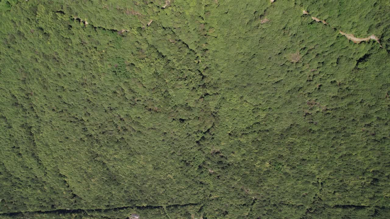 vista aérea de una colina empinada con caminos serpenteantes y pueblo en la orilla del lago