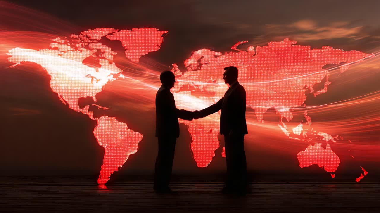 Two men engaged in a handshake silhouetted against a backdrop of a glowing world map, symbolizing partnership, collaboration, and global connectivity through modern technology