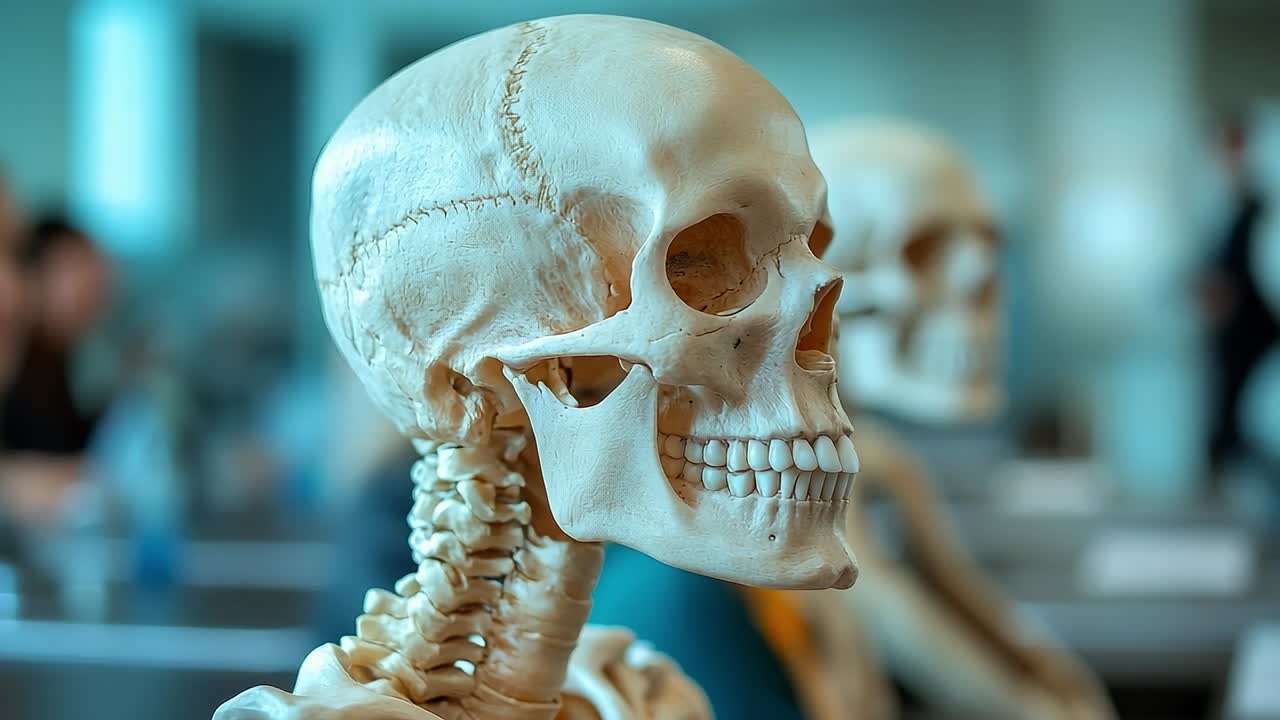 Classroom skeletal model showcased. A detailed skeletal model is positioned prominently in a classroom, showcasing human anatomy for educational purposes.