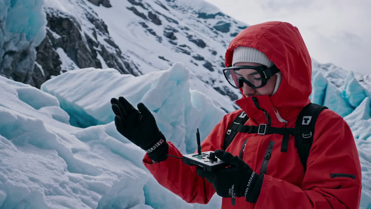 Scientist Operating Drone on Glacier
