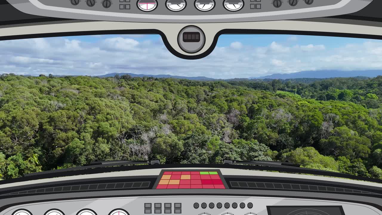 Animation of a cockpit view flying over dense forests. Smooth transitions, vibrant greens, and a serene atmosphere create an immersive experience