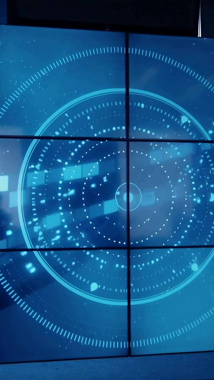 Vertical video: Loop starting, tiled display showing moving blue HUD at tech demo with seams, dots