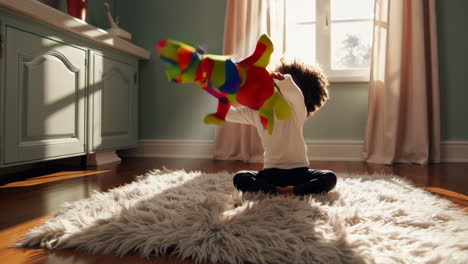 happy little girl playing with a toy on the floor