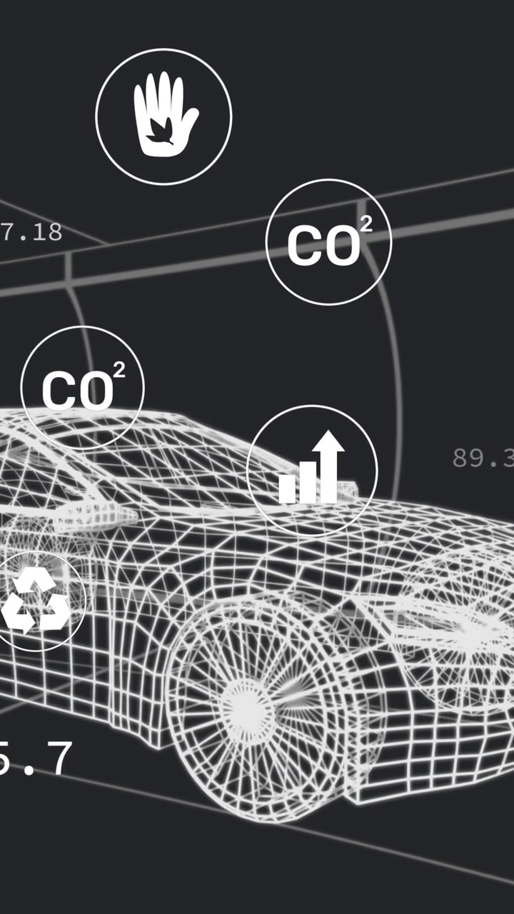 Animazione di più icone digitali su un modello di auto 3D che si muove in un tunnel con un motivo continuo