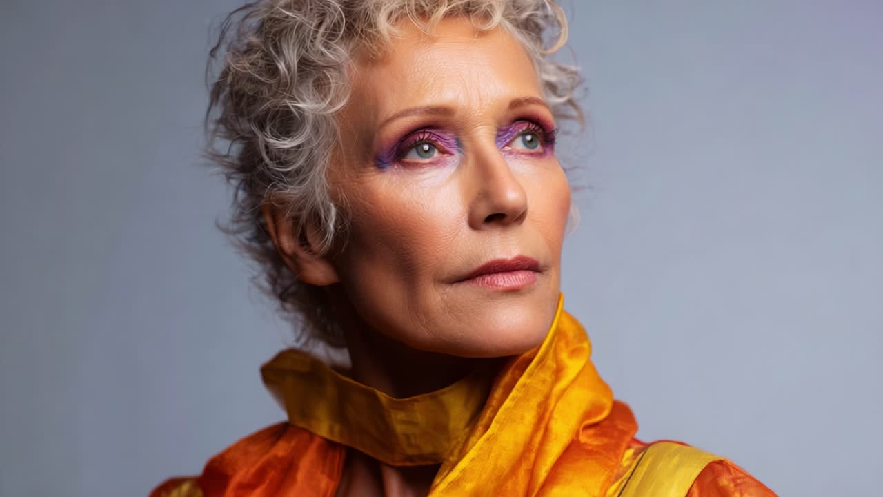 Un ritratto accattivante di una donna matura con capelli ricci che indossa abiti vivaci arancioni e gialli, che emana sicurezza ed eleganza in un ambiente da studio con illuminazione soffusa
