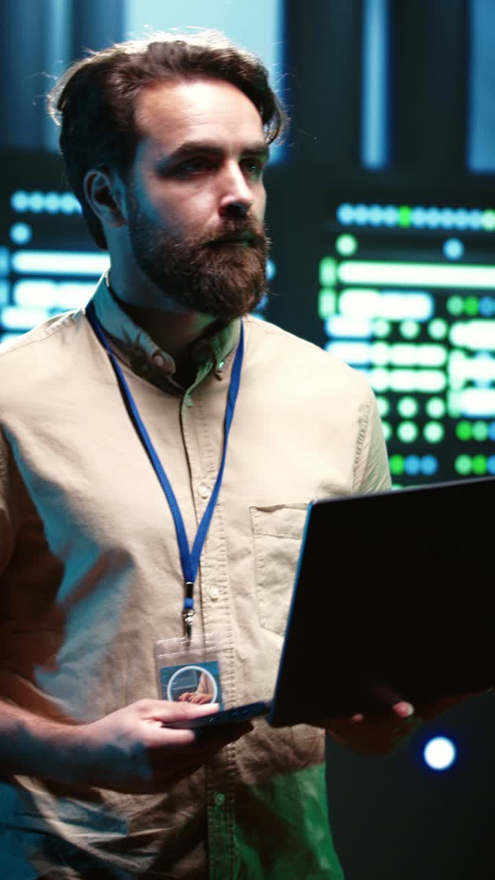 Vertical video Serviceman verifying blade servers