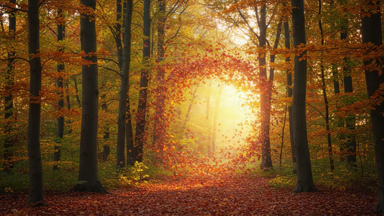 A Tranquil Autumn Forest Scene Illuminated by Golden Light, Framed with ...